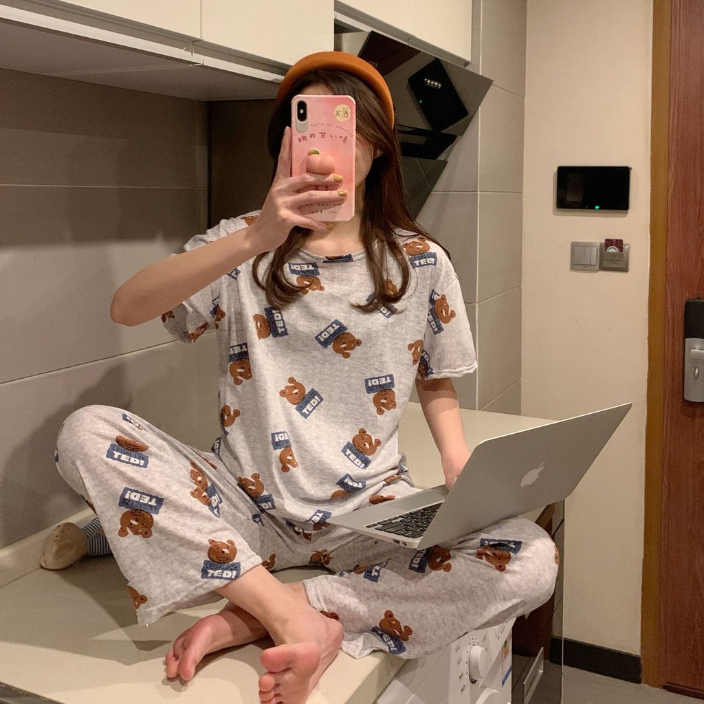 Set đồ ngủ ulzzang quần dài tay cộc Teddy xám DN129 (có ảnh thật)