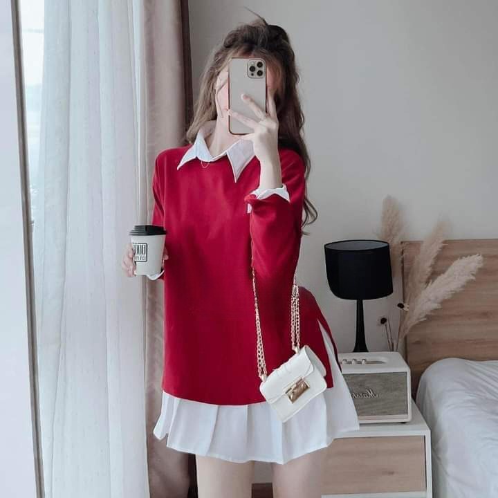 Set Áo Đỏ Cổ Sơ Mi Mix Chân Váy Bèo Cho Nữ Xinh Xắn Nữ Tính