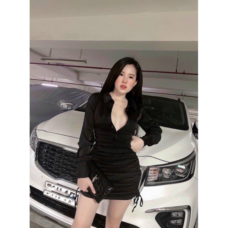 Đầm body cổ sơ mi tay dài nhún hai bên hông sang chảnh