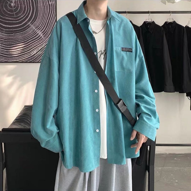 Áo sơ mi màu trơn tay dài dáng rộng cổ bẻ phong cách Hàn Quốc thời trang xuân thu cho nam