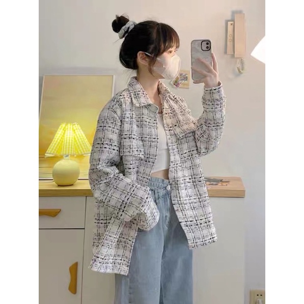 Áo khoác dạ tweed form rộng nam-nữ kiểu dáng Hàn Quốc, hàng Quảng Châu cao cấp, siêu dày, 2 lớp
