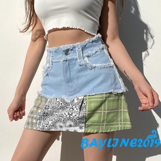 Chân váy denim lưng cao có túi phối họa tiết kẻ sọc màu xanh lá thời trang mùa hè cho nữ BAY