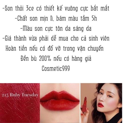 Son 3ce chính hãng, son thỏi 3ce hàn quốc chính hãng đỏ rượu, đỏ đất, đỏ lạnh Cosmetic999