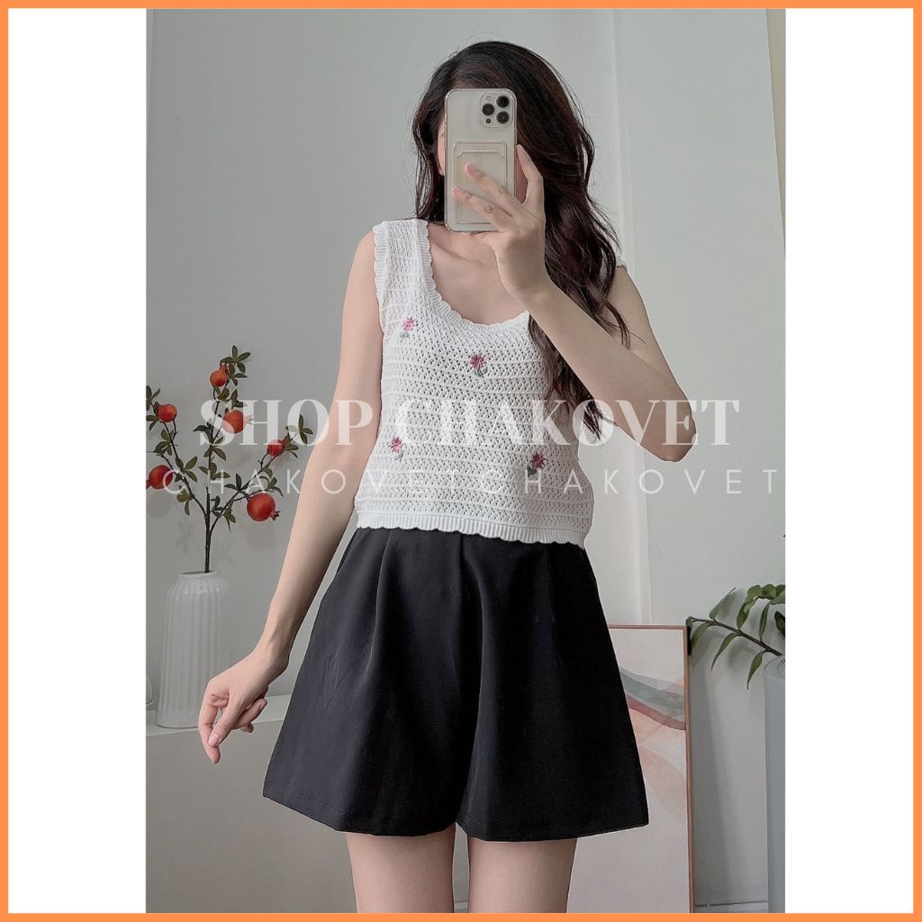 Áo len ba lỗ dáng Croptop tiểu thư A8402 Áo 2 dây bản to dệt kim thêu họa tiết hoa xinh xắn thời trang Hàn Quốc cực HOT