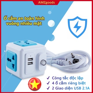 Ổ cắm điện đa năng,ổ cắm cube tiêu chuẩn châu âu,2 cổng usb 4 ổ điện chịu tải 2500w dây nguồn 2m công tắc độc lập