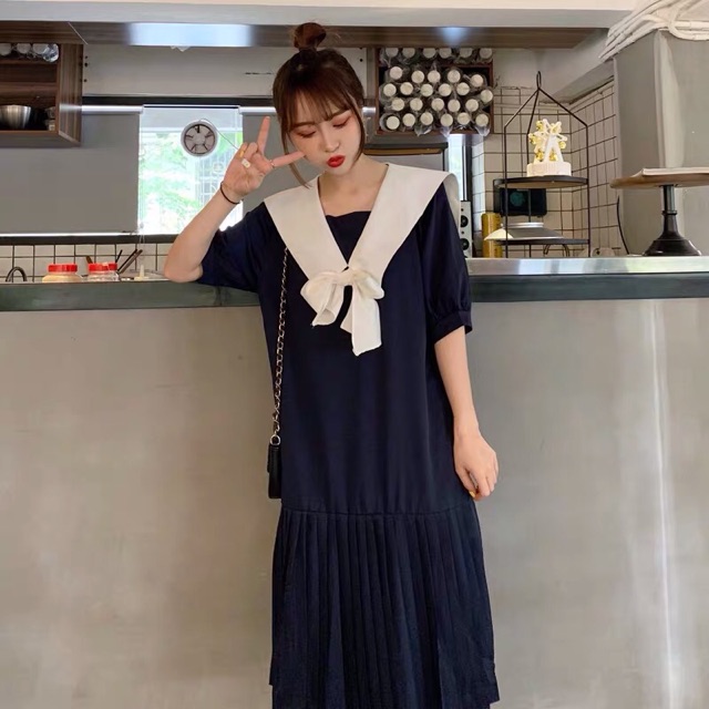 (Order) bigsize L-4XL Đầm cổ thuỷ thủ cách điệu phối nơ dáng dài, chân xếp li ullzang 2019