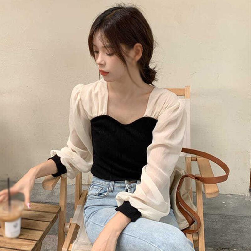 Áo tay dài cổ vuông dáng ôm phong cách hàn quốc thời trang cho nữ