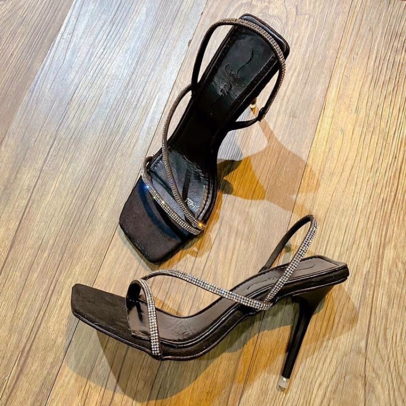 Sandal cao gót hở mũi quai đá chéo lấp lánh 9 phân đẹp nổi bật