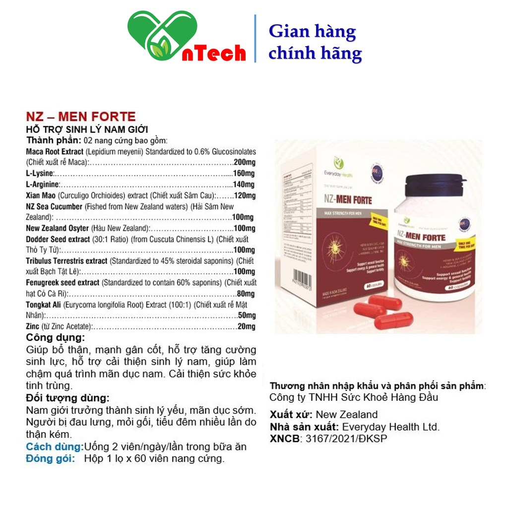 Viên uống Everyday Health NZ - MEN FORTE Tăng cường sinh lý hỗ trợ điều trị xuất tinh sớm rối loạn cương dương