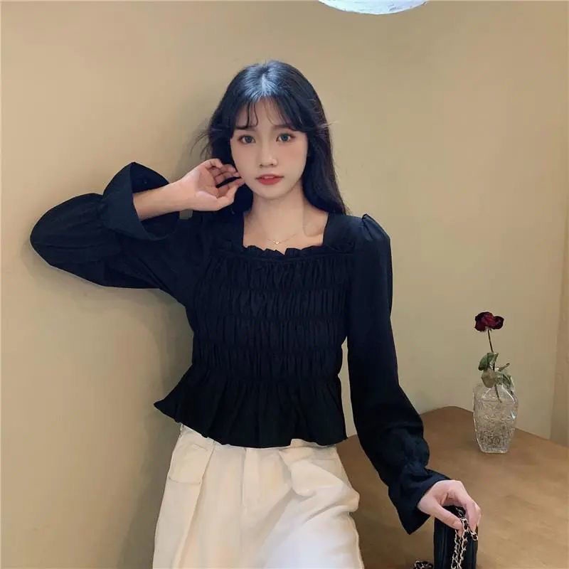 COZOK Áo Sơ Mi Dài Tay Cổ Vuông Lưng Cao Xinh Xắn Dành Cho Nữ