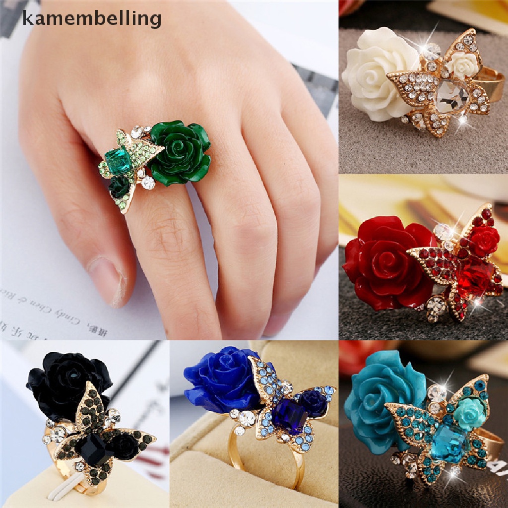 Nhẫn Đính Hôn Họa Tiết Bướm Và Hoa Hồng Đính Đá Pha Lê Có Thể Điều Chỉnh Kích Cỡ