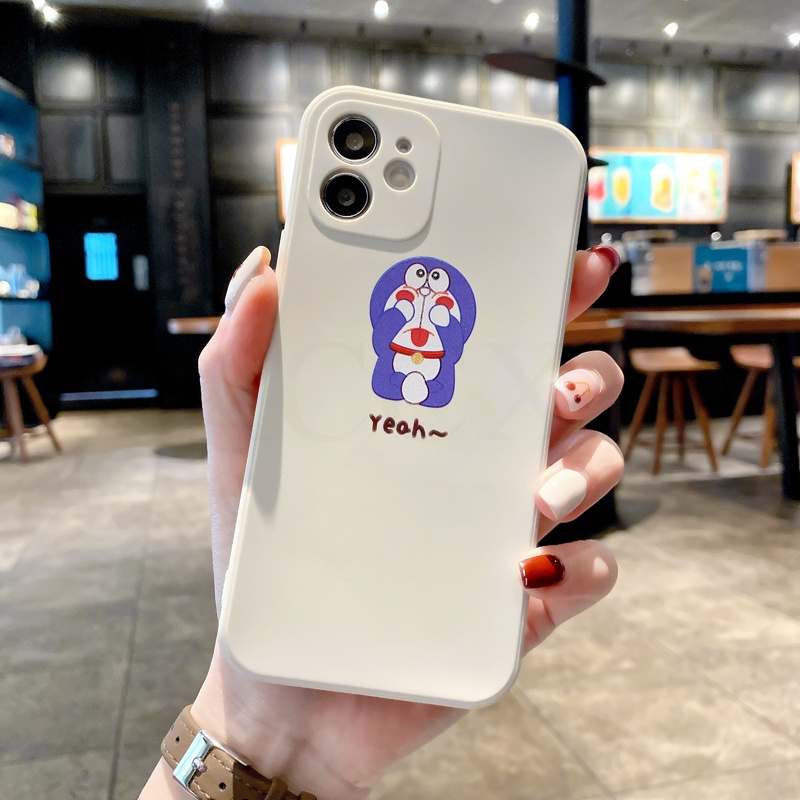 White Case For OPPO A31 A9 A5 2020 A92S A52 A72 A92 A91 A12e A83 A59 A59S A57 A39 AX5 A3S Phone Case Crayon Doraemon New Luxury Side Printing Square Liquid Silicone Soft Cover Shell