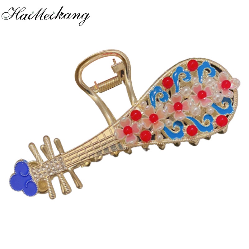 Haimeikang Kẹp tóc cỡ lớn hình đàn ti bà đính đá và ngọc trai giả thời trang cao cấp cho nữ