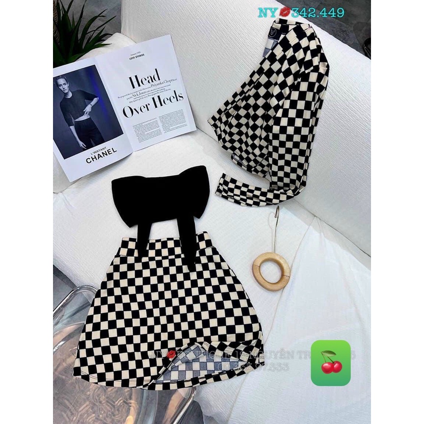 Sét 3 món áo ống nơ phối chân váy caro kèm áo khoác cực hot , chất thun gân dày dặn mk