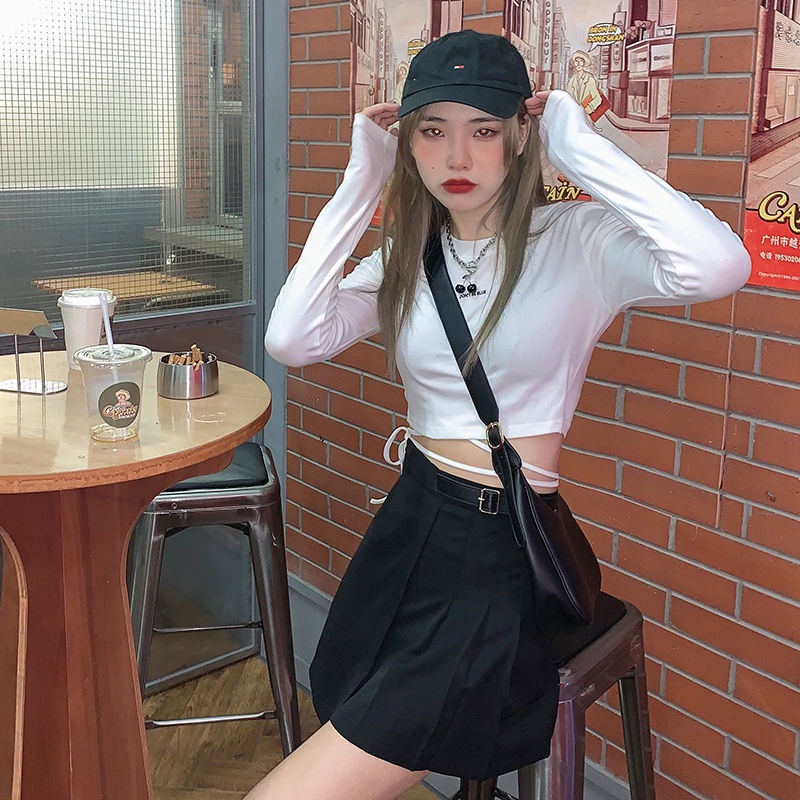 Happy-store ❤️ Áo thun croptop tay dài màu trơn phong cách dây chéo Hàn Quốc cá tính