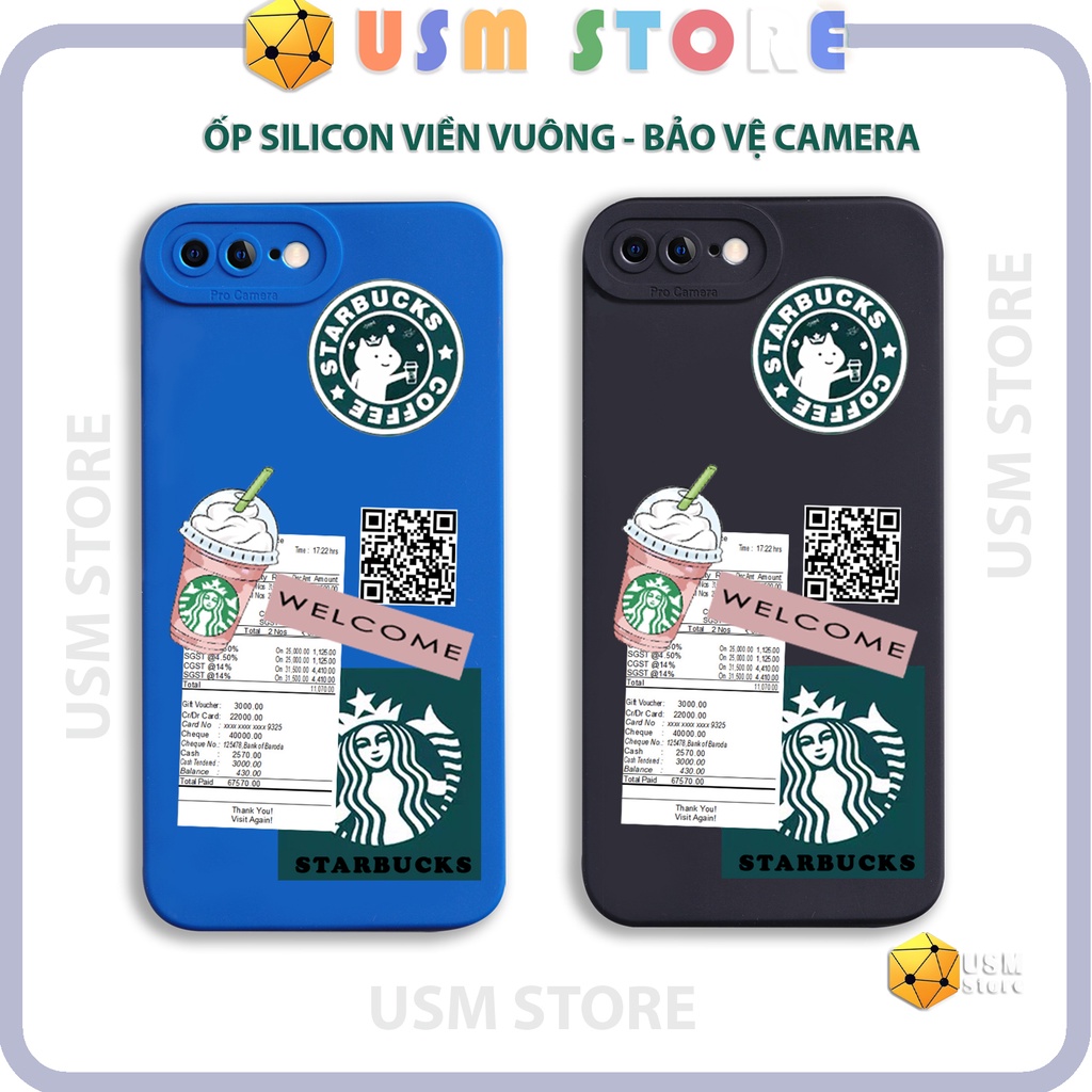 Ốp lưng iphone 7 plus / 8 plus chất TPU mềm mịn, viền vuông, mắt thiên thần bảo vệ camera, in hình Starbucks