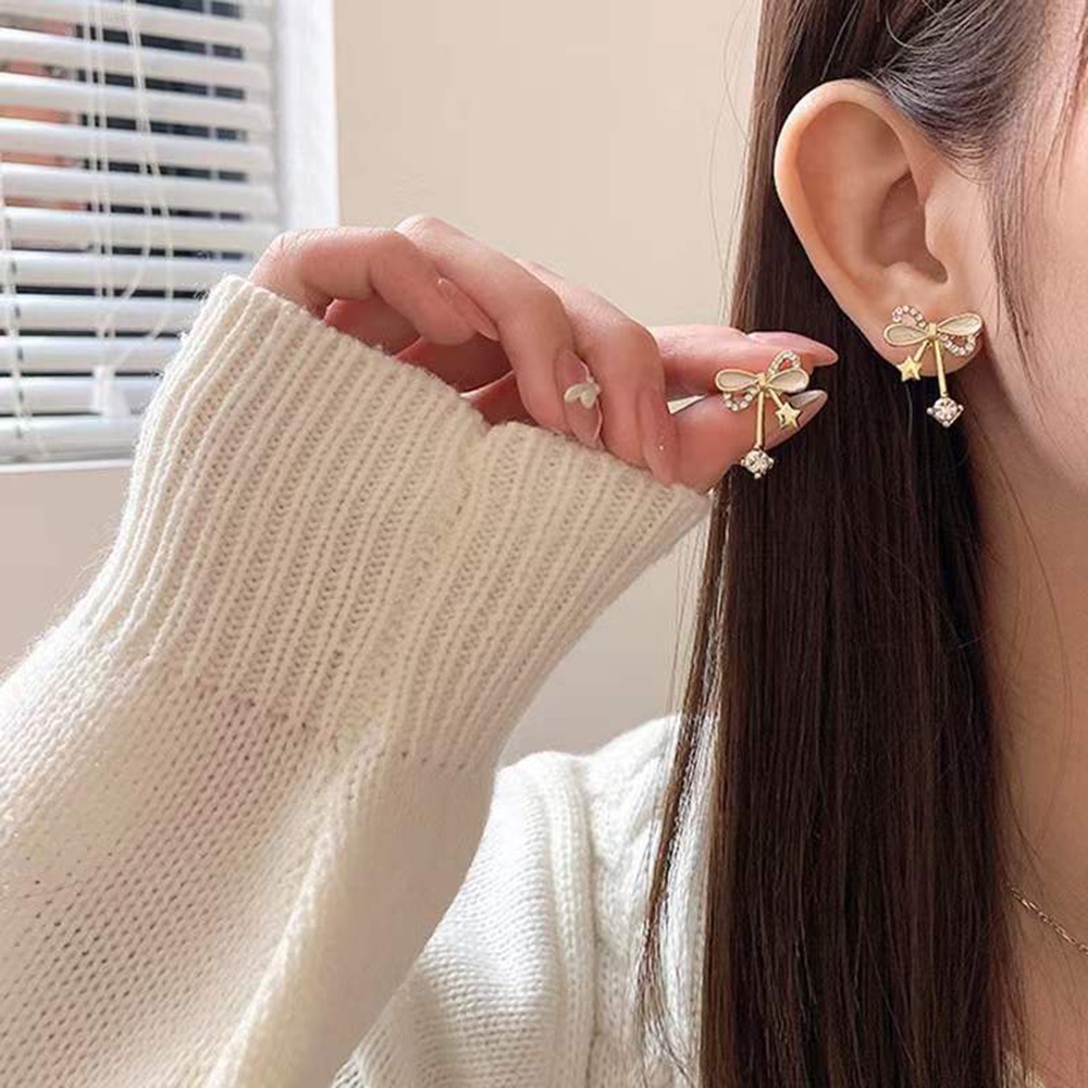 Khuyên Tai Dáng Dài Đính Nơ Nhiều Màu Sắc Thiết Kế Bất Đối Xứng Phong Cách Vintage