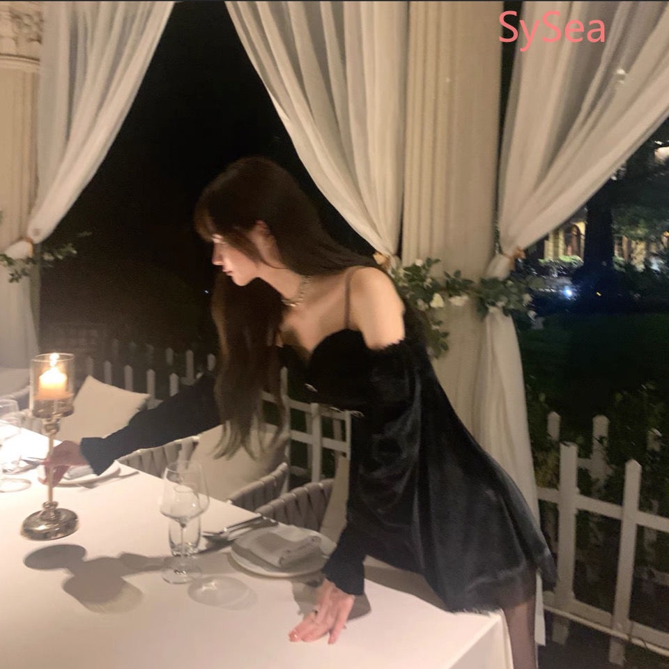 Đầm nhung đen dáng chữ A trễ vai tay dài thời trang mùa hè cho nữ