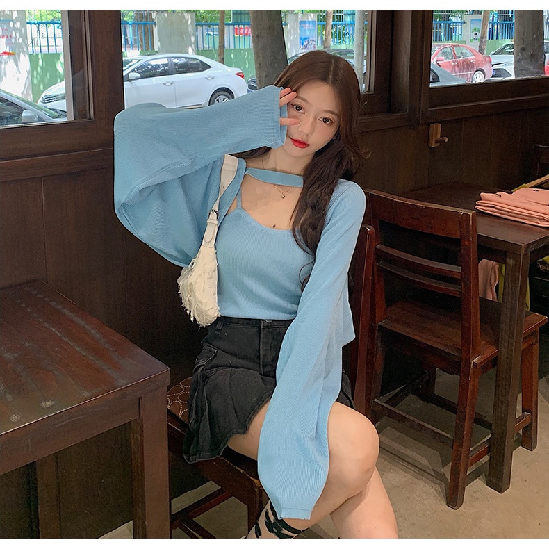 Set Áo Hai Dây + Áo Khoác Cardigan Dệt Kim Tay Dài Dáng Rộng Phong Cách Thời Trang Hàn Quốc