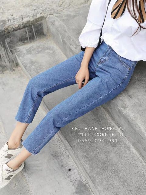 Quần slim baggy jeans xanh đậm nhạt basic form nhỏ tua lai ulzzang kèm ảnh thật