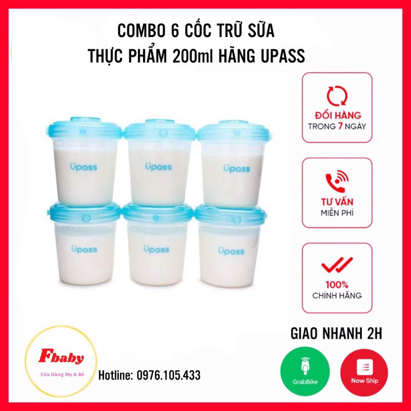 Combo 6 cốc trữ sữa, đựng sữa, đồ ăn Upass dung tích 180ml