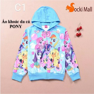 Áo khoác cho bé gái, áo có nón, chất da cá mặc ấm, in 3d pony