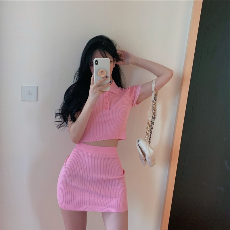 Set trang phục IELGY áo kiểu dệt kim và chân váy lưng cao ôm dáng phong cách ngọt ngào xinh xắn cho nữ