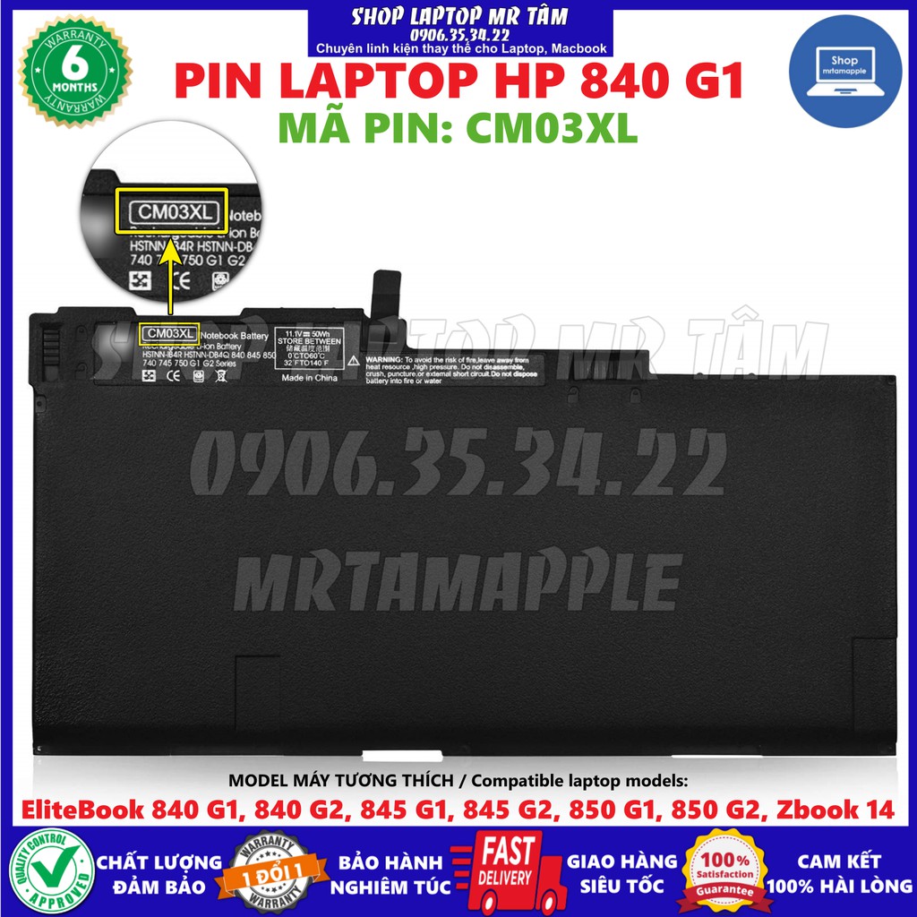 Pin Laptop HP 840 G1 (ZIN) - 6 CELL - EliteBook 840 G1, 840 G2, 845 G1, 845 G2, 850 G1, 850 G2