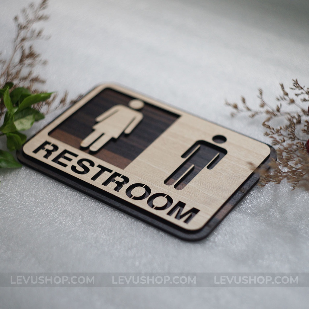 Bảng Decor Restroom khắc Gỗ cao cấp LEVU-TL01 dán tường cửa nhà vệ sinh