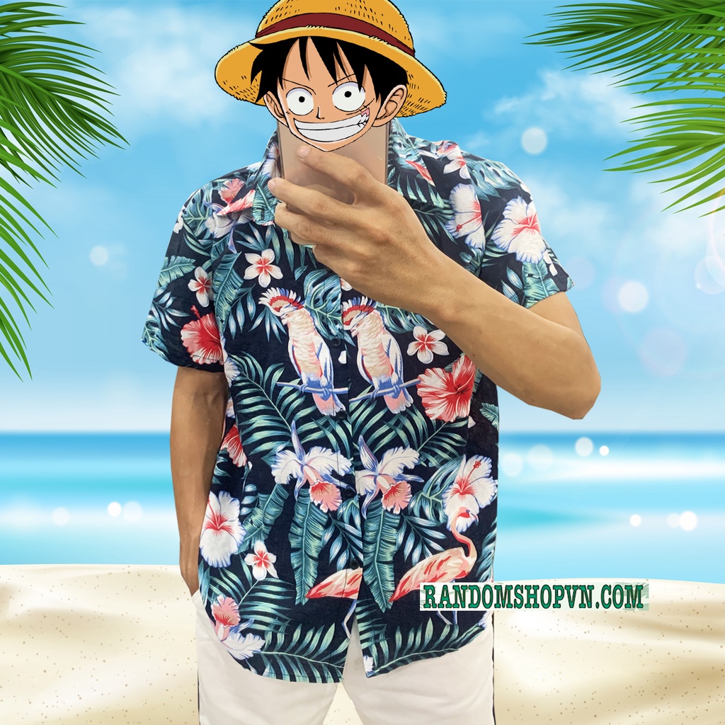 Áo sơ mi hoa lá chim cò đi biển, chất đũi mềm mát nam nữ mặc đẹp