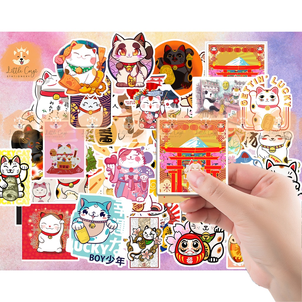Set 20 hình dán sticker mèo thần tài, lucky cat, Maneki Neko dễ thương trang trí sổ tay, toploader, máy tính