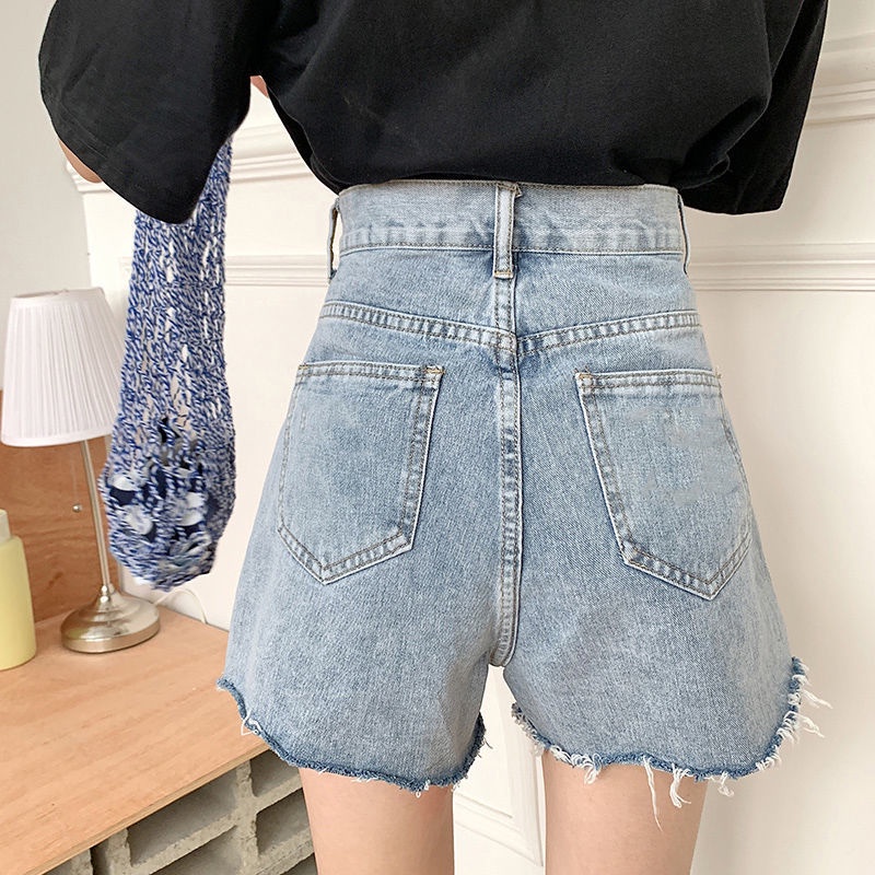 Quần Short Denim Lưng Cao Ống Rộng Thoáng Khí Cho Nữ