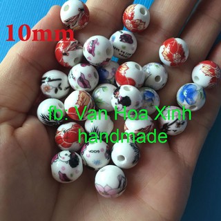 🌺 2 hạt gốm tròn hoa văn đẹp size 8-10mm, chọn size