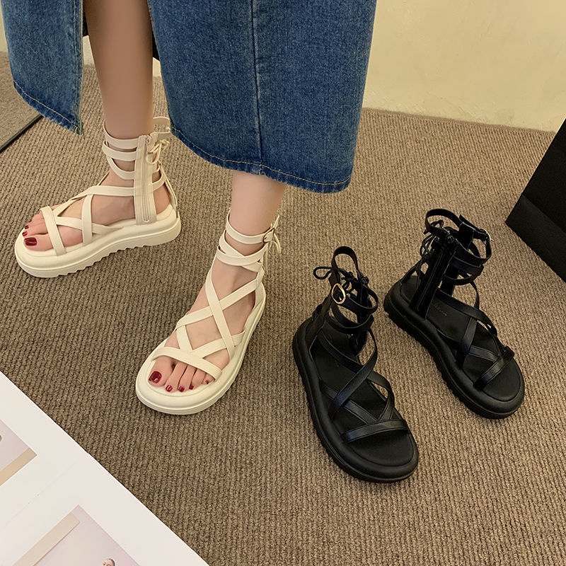 Sandal Đế Dày Thiết Kế Dây Đan Chéo Phong Cách La Mã Thời Trang Mới Cho Nữ