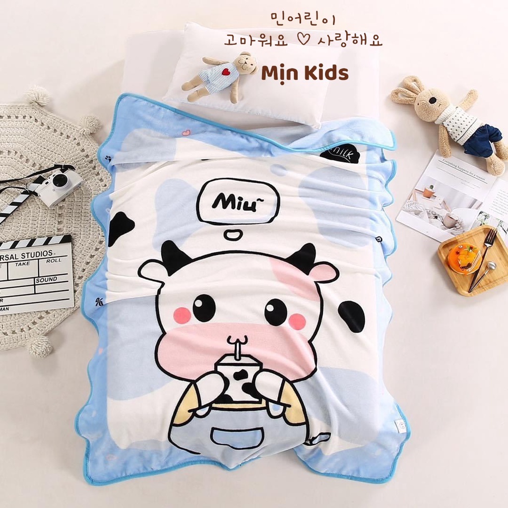 Chăn lông tuyết cho bé, chăn lông MỊN KIDS, chất liệu mềm mịn in hình thú cute 1mx1m4