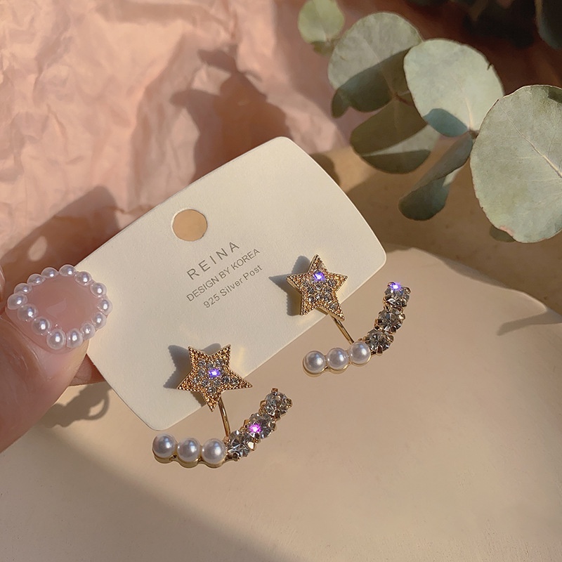 Bông Tai Mạ Bạc 925 Hình Ngôi Sao Năm Cánh Đính Đá Ngọc Trai Phong Cách Hàn Quốc