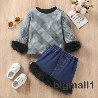 Set áo thun tay dài cổ tròn kèm chân váy jeans đáng yêu cho bé gái 1-6 tuổi