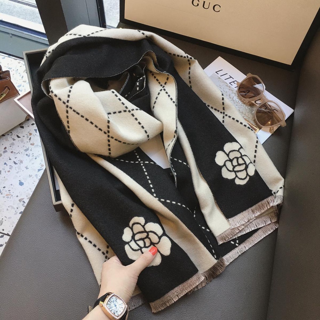 Khăn Choàng Cổ Hai Chức Năng Bằng Vải Cashmere Hoa Trà Phong Cách Hàn Quốc Độc Đáo