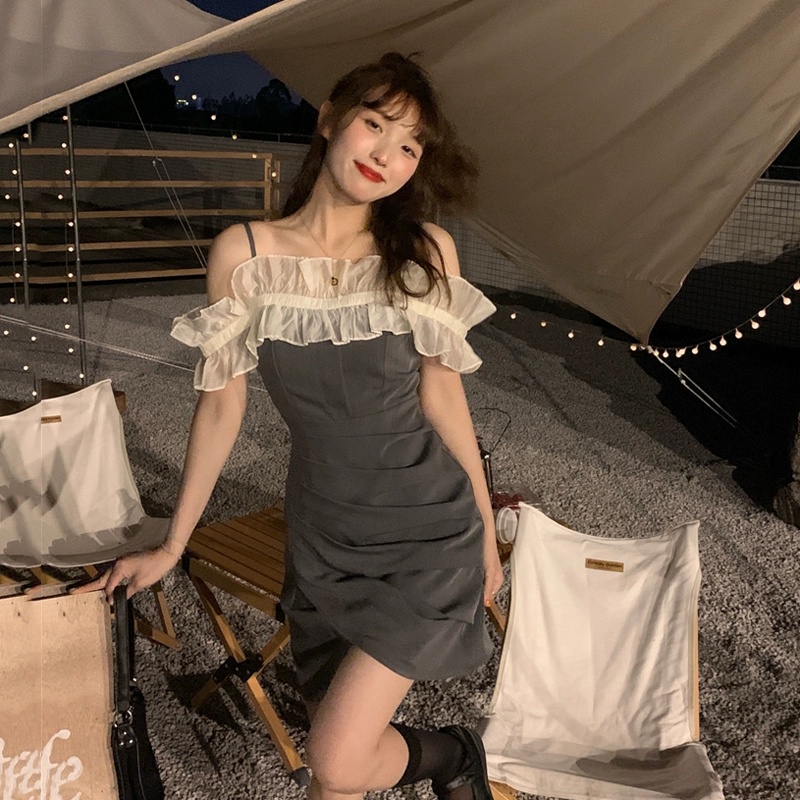 Đầm Trễ Vai Phối Bèo Thiết Kế Lệch Tà Phong Cách Hàn Quốc Thời Trang Mùa Hè Quyến Rũ Cho Nữ
