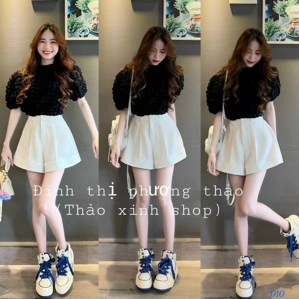 Set 2 món đi chơi với quần short ngắn lưng cao kèm áo xốp form rộng ngắn tay cổ tròn
