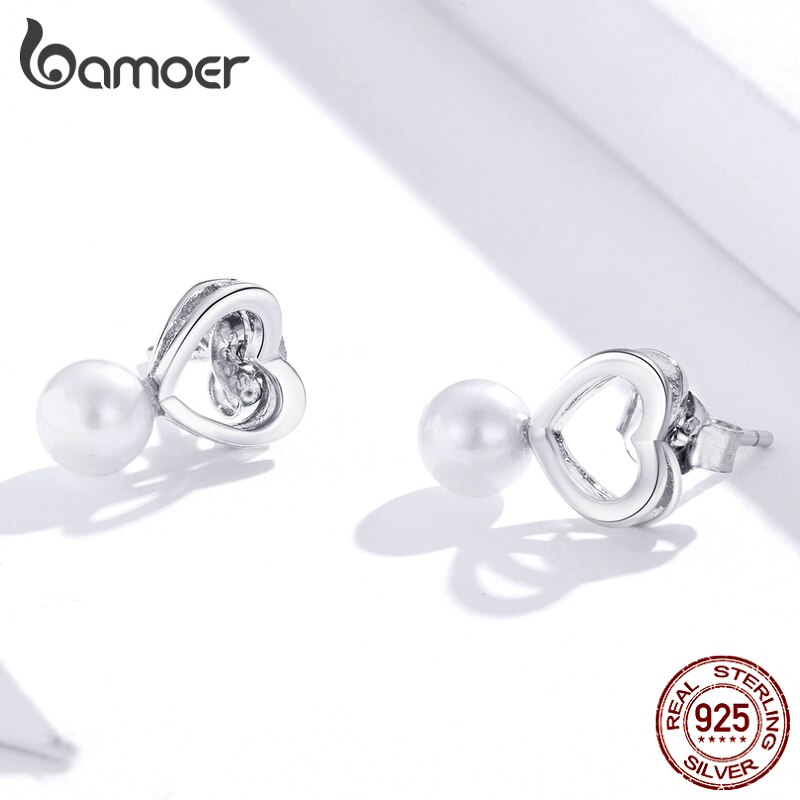 Khuyên Tai BAMOER SCE869 Bạc Thật 925 Hình Trái Tim Đính Ngọc Trai Nhỏ Xinh Thiết Kế Đơn Giản Thời Trang Bijoux Cho Nữ