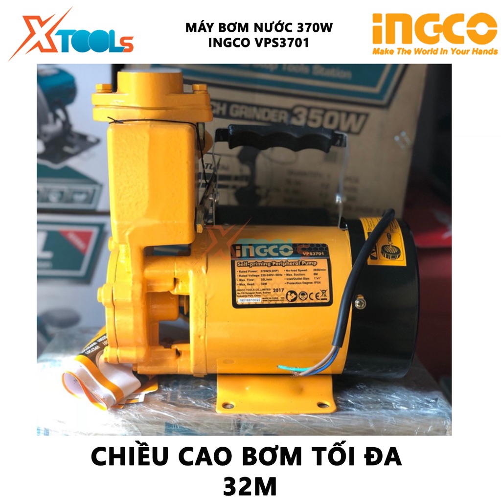 Máy bơm nước INGCO VPS3701 máy bơm tăng áp 370W (0.5HP), chiều cao bơm 32m, độ hút sâu 8m, mô tơ dây đồng tăng áp lực đư