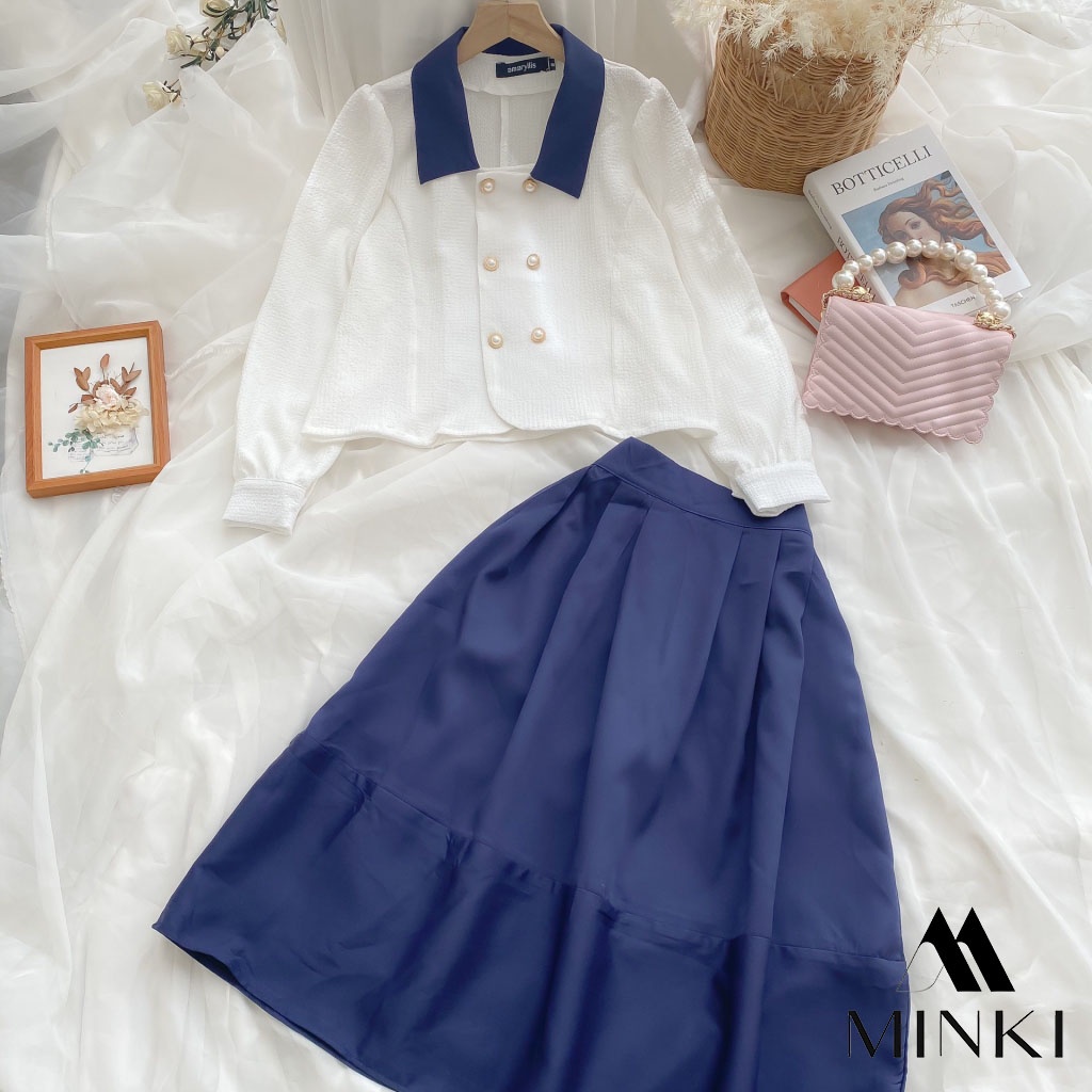 🌸 SET SƠ MI CÚC CHÂN VÁY XANH THAN CỔ ĐIỂN - CHẤT LIỆU CAO CẤP - PHỐI MÀU TRẮNG VÀ XANH ĐEN | BigBuy360 - bigbuy360.vn