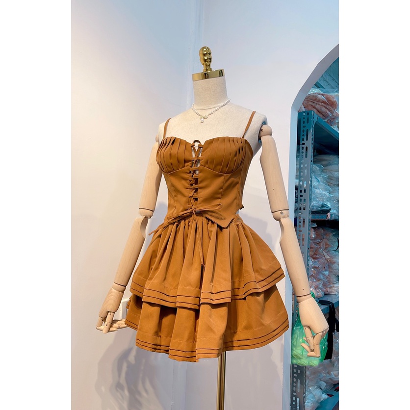 Set áo hai dây và váy xòe nâu đan dây