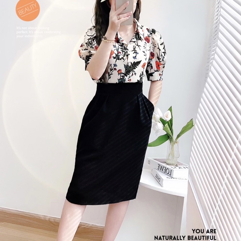 Set áo sơ mi hoa G545 phối chân váy đen rất trẻ trung sang chảnh tôn dáng cho chị em có bán rời áo và chân váy