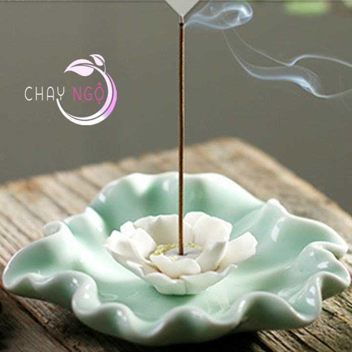 Đế cắm nhang hình bông hoa sen kèm lá sen gốm sứ cao cấp siêu đẹp Mẫu 03