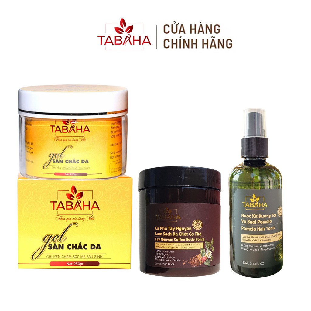 Combo chăm sóc mẹ sau sinh Tabaha: Kem tan mỡ bụng 250g + Cà phê làm sạch da chết 250ml + Dưỡng tóc tinh dầu bưởi 120ml