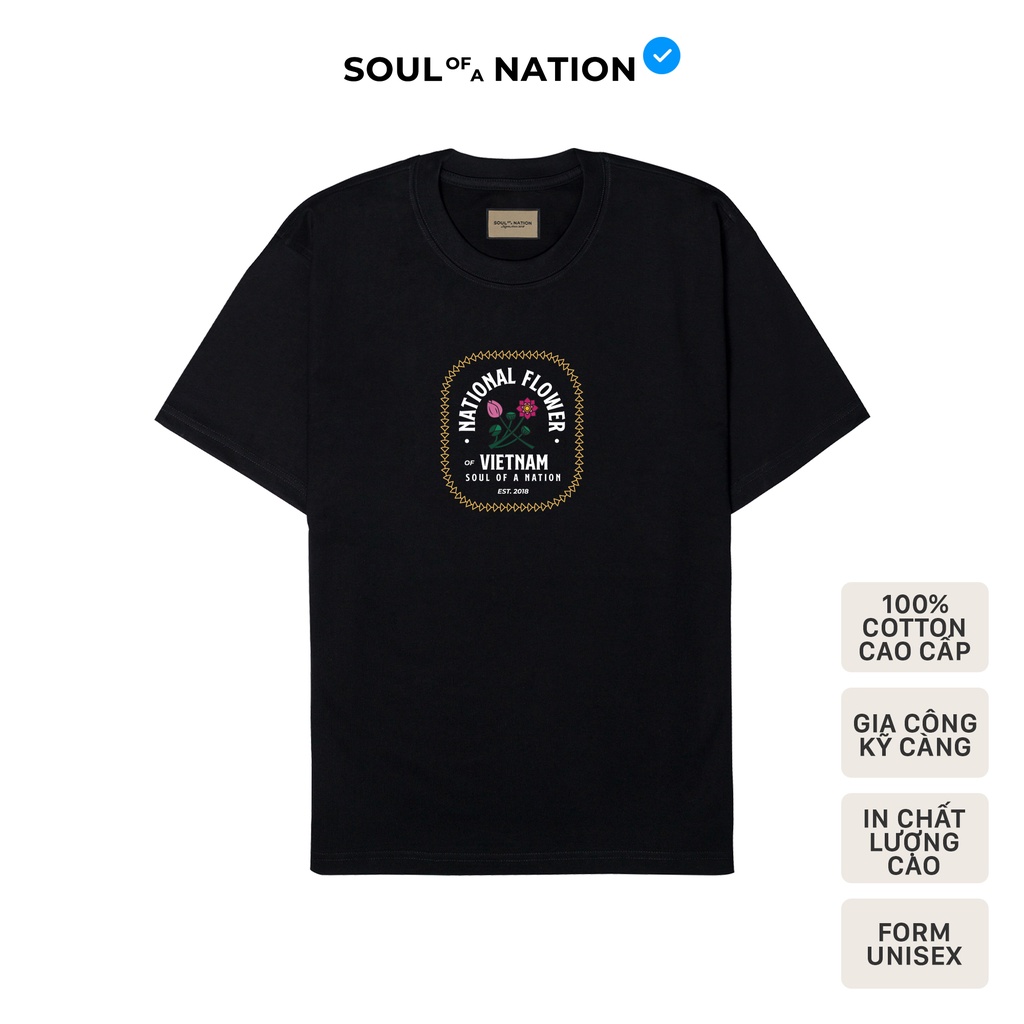 Áo thun unisex In thủ công cao cấp hình HOA SEN (LOTUS) form basic 100% cotton premium SOUL OF A NATION - Đen