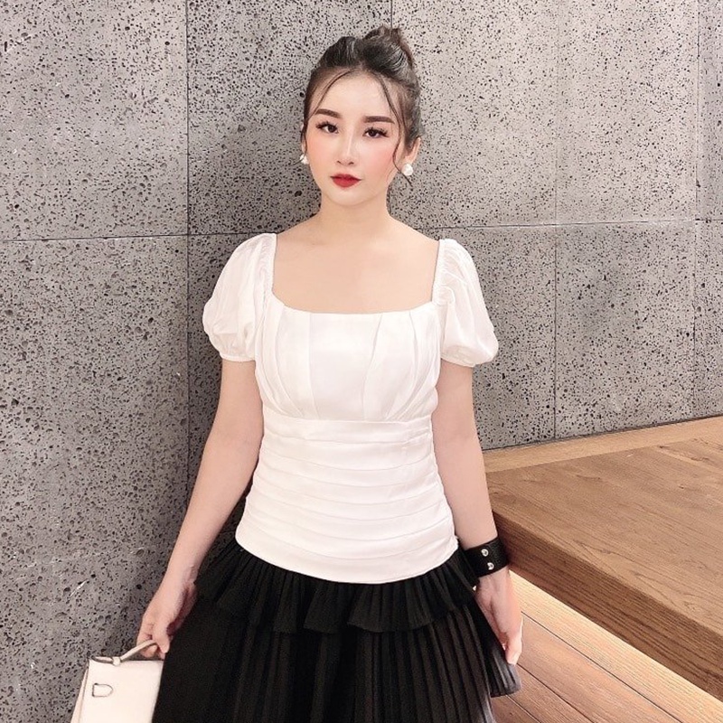 Áo sơ mi nữ kiểu công sở ngắn tay bo chun xếp ly -  Trắng Đỏ Be Xanh Đen - Hanlly Fashion Thời Trang Nữ - A26