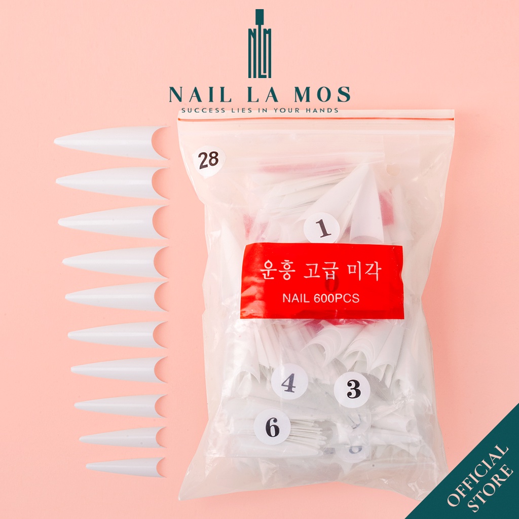Móng nối nhọn Hàn Quốc - Túi 600 móng tip nhọn dài mẫu mới nhựa dẻo đủ size